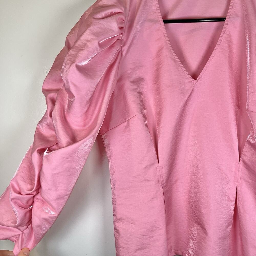 Stella Nova Pippi Blouse Pink Barbiecore Shiny Nylon Balloon Sleeve Sz 36 Small - Picture 5 of 9